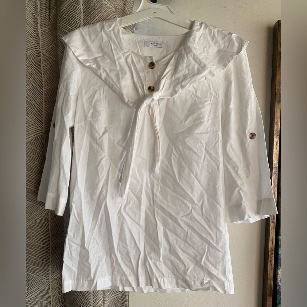 Marysia Resort Blouse White Three-Quarter Sleeve with V-Neck Sz Small